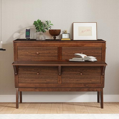 DNChuan Murphy Bed Cabinet with Storage Desktop,Murphy Bed Desk Combo with USB-Port,2 Pull-Out Shelves,Foldable Platform Bed for Guest Room,Full Size,Walnut DNChuan