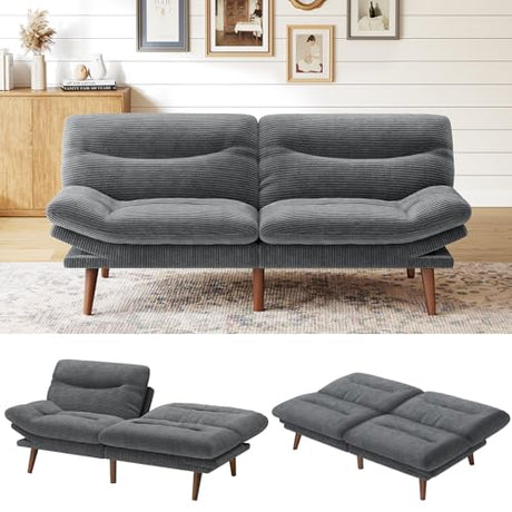 Marsail 75" Futon Sofa Bed, Convertible Corduroy Futon Couch with Adjustable Backrest & Armrests, Small Sleeper Sofa Loveseat for Living Room, Apartment, Office, Grey Marsail