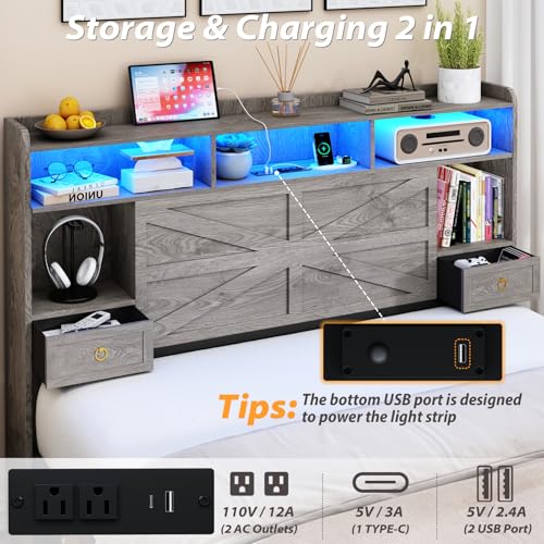 TIGUBFRE Full Bed Frame with Storage Headboard, Farmhouse Wood Bed Frame Full Size with 4 Drawers, LED Light & Charging Station, Metal Slats Support, Noise Free, No Box Spring Needed, Rustic Gray TIGUBFRE