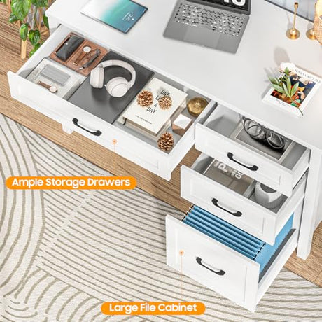 Vabches Farmhouse 47" Executive Desk, Computer Desk with File Drawer and Charging Station, Workstation for Home Office, Study.Cream White Vabches