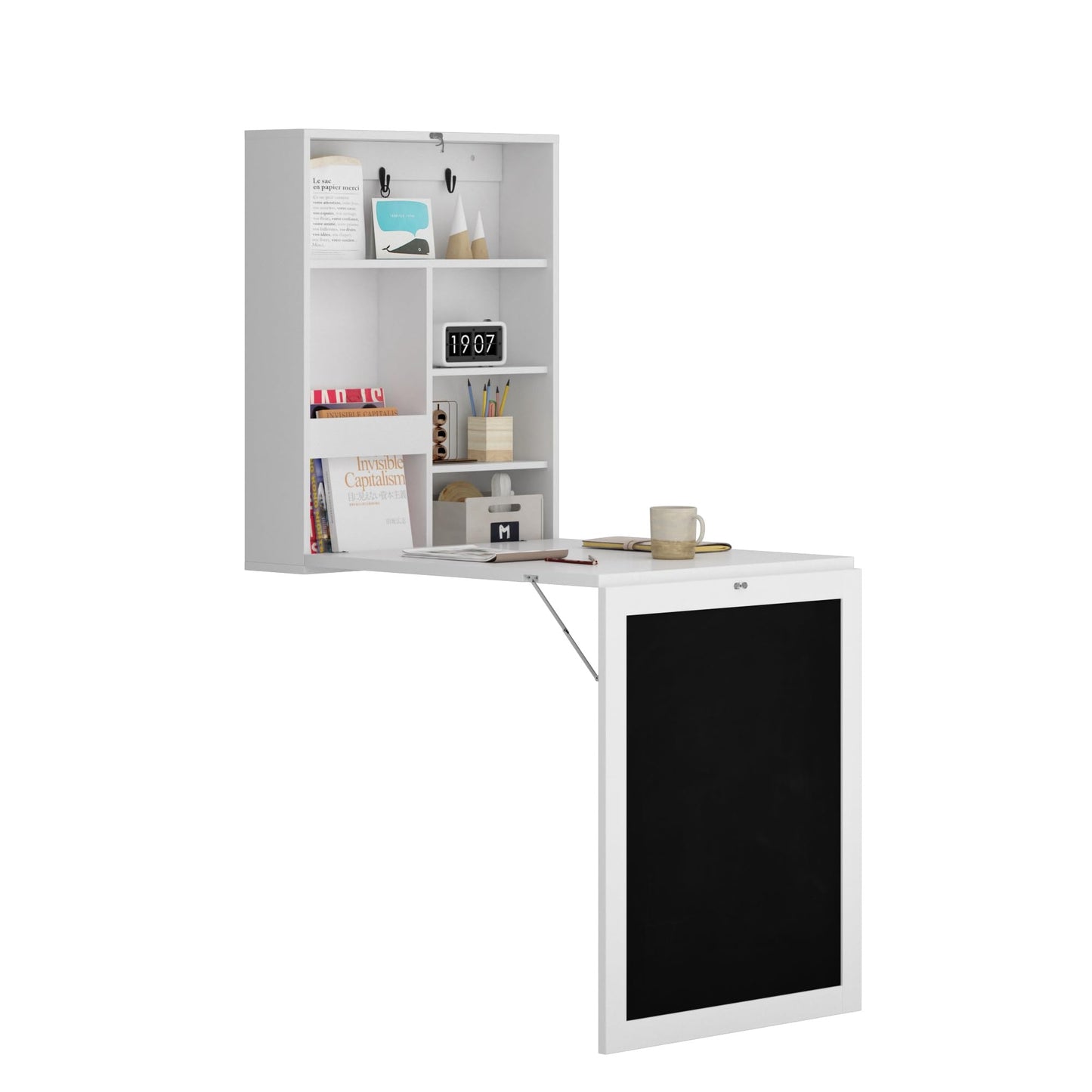 JAXPETY Wall Mounted Fold Out Desk with Storage Shelves Convertible Floating Desk Space Saving Wall Mount Table with Blackboard, White - WoodArtSupply