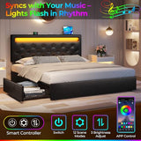 Rolanstar Twin Bed Frame with 4 Storage Drawers and Charging Station,Twin Bed with Led Lights, 2 USB & 1 Type C, Adjustable Headboard 38.9/40.8 Inches, No Box Spring Needed, Black Rolanstar