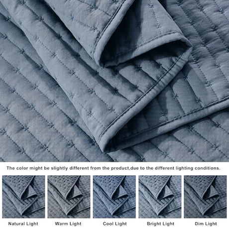 WDCOZY Blue Cross Stitch Queen Size Quilt Set, Striped Lightweight Soft Bedspread, Channel Farmhouse Rustic Coverlet, All Season Country Bedding, Thin Comforter WDCOZY