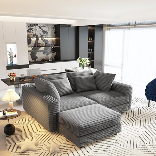 4 Seater Oversized Sectional Sofa with Movable Ottoman, 104" Plush Corduroy Upholstered Cloud Sofa Couches, 2-in-1 Convertible Lounge Sleeper Sofabed w/ 6 Throw Pillows for Living Room Apartment Eafurn