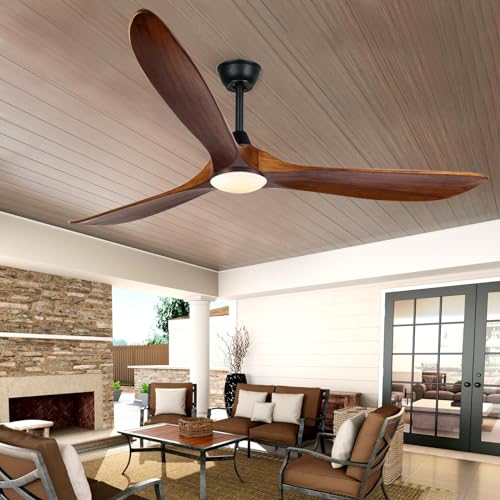 70 inch Large Ceiling Fan with Lights, Outdoor Ceiling Fan for Patio Waterproof, 3 Blades Propeller Wood Ceiling fan with lights, Reversible Quiet DC Motor for Exterior House Porch Farmhouse Gazebo