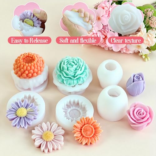 VvLons Flower Candle Molds, 6Pcs Rose, Peony, Tulip, Daisy, Sunflower, Chrysanthemum Flower Silicone Molds for Candle Making, Handmade Soap Gift, Aromatherapy Plaster, Epoxy Resin Casting