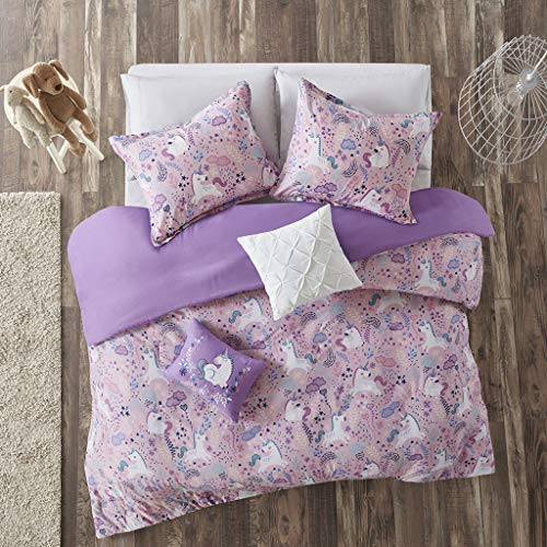 Intelligent Design Kids Cotton Duvet Set Vibrant Fun and Playful Print All Season Comforter Cover Matching Shams, Decorative Pillow, Children Bedding, Bedroom Décor, Full/Queen, Unicorn Pink 5 Piece Intelligent Design