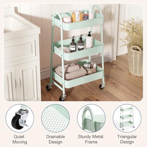 OLIXIS Metal 3 Tiers Utility Rolling Cart with Lockable Caster Wheels, Mobile Storage Shelf, Organization for Livingroom, Bathroom & Narrow Places, Pale Green