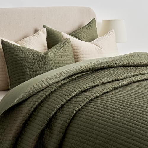 EVERGRACEHOME Cotton Sateen Quilt Set King Size, Pre-Washed Cotton Channel Stitch Coverlet Bedspread, 3 Pieces Lightweight Soft Bedding Sets for All Season, with 2 Pillow Shams, Olive Green EVERGRACEHOME