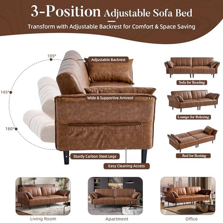 hausway 76.4" Leather Loveseat Sofa,Mid Century Modern Convertible Faux Leather Futon Couch with Adjustable Backrest&Armrest,Wooden&Steel Frame for Living Room,Apartment,Office,Space-Saving,Brown hausway