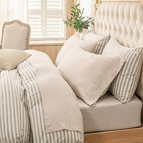 PURE ERA Jersey Knit 4pc Bed Sheet Set 100% T-Shirt Heather Cotton Super Soft Comfy Breathable Fits Mattress Up to 20" Extra Deep Pocket (Heather Beige, King) PURE ERA