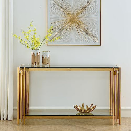 Goujxcy Modern Glass Console Table, 55" Gold Sofa Table with Sturdy Metal Frame and Clear Tempered Glass Top, for Living Room Entryway Bedroom, Gold Finish (Gold4) Goujxcy