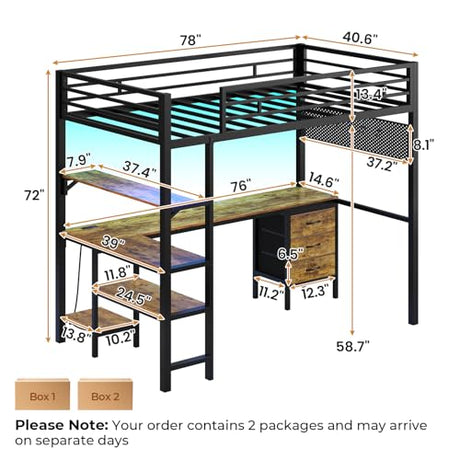 BTHFST Loft Bed Twin Size with L-Shape Desk & RGB LED Lights & Charging Station, Twin Bunk Bed with Fabric Drawers & Shlves, 13.4'' H Safety Guardrail, Noise Free, No Box Spring Needed BTHFST