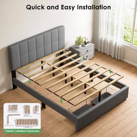 Marsail Full Bed Frame with 2 Storage Drawers, Sturdy & Durable with 12 Support Legs, 1300 lbs Capacity, Solid Wooden Upholstered Adjustable Headboard for 6″–12″ Mattresses, Easy Assembly, Dark Gray Marsail