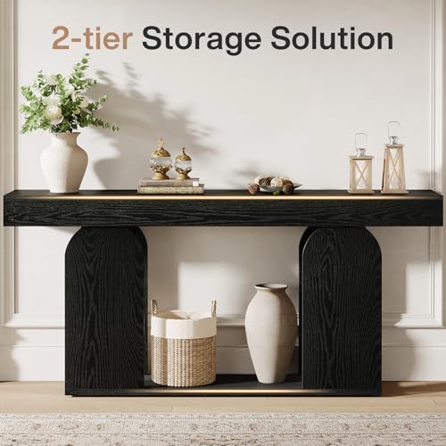 Tribesigns 70.9-Inch Extra Long Sofa Table, Farmhouse Console Tables with Wood Frame and Storage Shelf, 2-Tier Wood Table Behind Couch for Living Room, Hallway, Foyer, Black Tribesigns