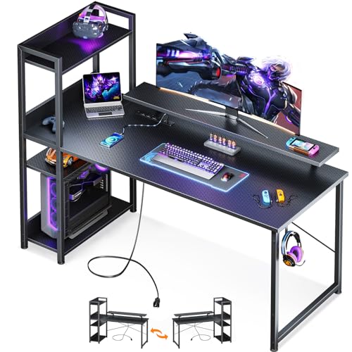 ODK 55 Inch Reversible Gaming Desk with USB Charging & Storage Solutions in Carbon Fiber Black - WoodArtSupply