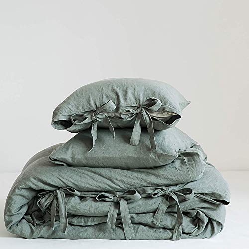 Simple&Opulence 100% Linen Duvet Cover Set, 3 Pieces Belgian Flax Breathable Bedding, King Size 104''x92'' (1 Comforter Cover+2 Pillowshams) with Tie Closure Style,Greyish-Green Simple&Opulence