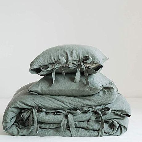 Simple&Opulence 100% Linen Duvet Cover Set, 3 Pieces Belgian Flax Breathable Bedding, King Size 104''x92'' (1 Comforter Cover+2 Pillowshams) with Tie Closure Style,Greyish-Green Simple&Opulence
