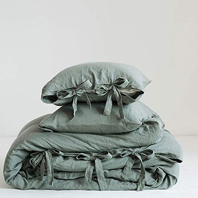 Simple&Opulence 100% Linen Duvet Cover Set, 3 Pieces Belgian Flax Breathable Bedding, King Size 104''x92'' (1 Comforter Cover+2 Pillowshams) with Tie Closure Style,Greyish-Green