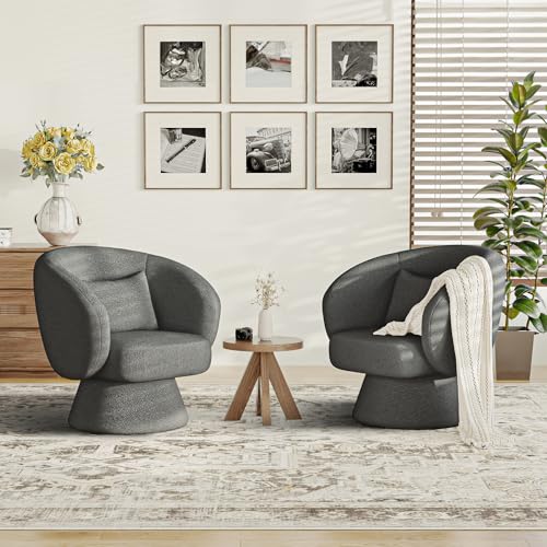 Swivel Accent Chair, Modern Upholstered Barrel Chair with 360° Swivel, Soft Teddy Fabric & Extra Lumbar Pillow, Stylish Round Accent Chair for Living Room, Bedroom, Nursery – Darkgrey,2PC COLAMY
