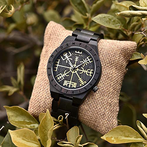 BOBO BIRD Handmade Wooden Mens Watch Unique Runic Circle Watches Golden Symbol of Vegvisir Watches Lightweight Fashion Quartz Wristwatch (Brown Black) BOBO BIRD