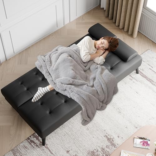 JAMFLY Futon Sofa Bed, 64" Small Futon Couch with Adjustable Backrest, 3-Angle Recliner, Detachable Armrests with Cup Holders for Small Spaces, Living Room, Apartment, Study Room (Black Leather) JAMFLY