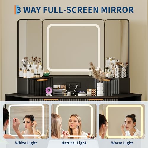 Garvee Corner Makeup Vanity Desk, Modern Vanity Desk with HD Triple Mirror, Corner Vanitys with Clear Glass Top, Fluted Makeup VanityDesk Garvee