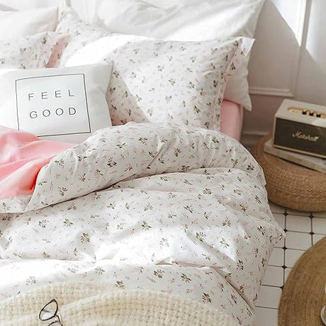 Faincy Floral Queen Size Comforter Set, Pink White Flower Leaf Pattern Printed Preppy Reversible Alternative Bed Sets - 90 x 90 3PC Soft Microfiber Duvet Vintage Bedding in a Bag for Women Girls Faincy