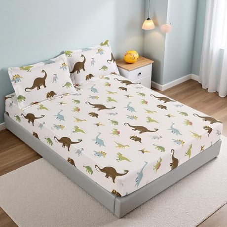 MAG 3PCS White Dinosaur Queen Size Bedding Sheet Sets Included 1*Fitted Sheet and 2 Pilowcase for Kids, Boys and Girls (Queen, White) MAG