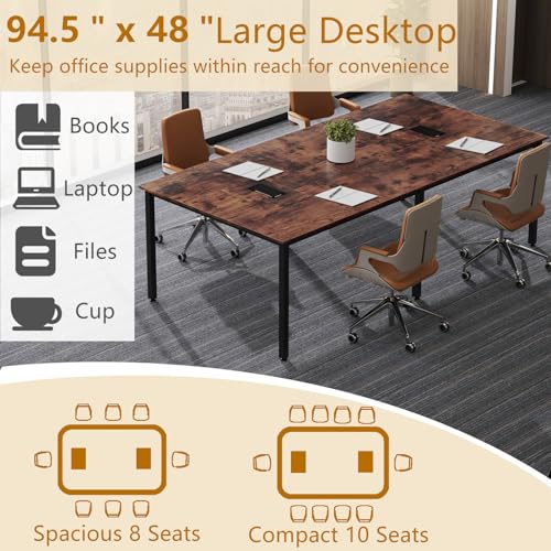 Nightcore Rectangle Conference Table for 10, 8 ft Large Seminar Table with 2 Cable Grommets, Modern Industrial Office Computer Desk with Metal Legs for Boardroom, Meeting Room, Brown Goplus