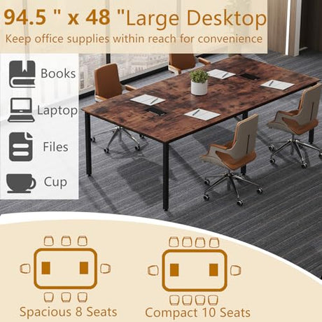 Nightcore Rectangle Conference Table for 10, 8 ft Large Seminar Table with 2 Cable Grommets, Modern Industrial Office Computer Desk with Metal Legs for Boardroom, Meeting Room, Brown Goplus