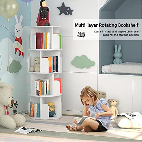 Aheaplus 360° Rotating Small Corner Bookshelf - 4 Tier Floor Standing Storage Rack in White Aheaplus