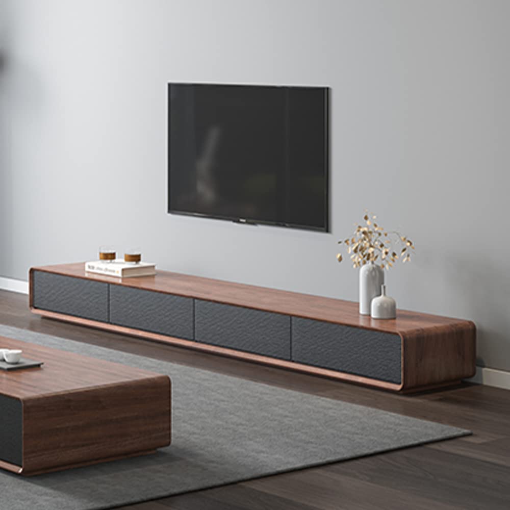 POVISON Modern TV Stand, Media Console with 4 Drawers, Soild Wood Entertainment Center for 75+ 90 Inch TV, Fully-Assembled, Black & Walnut Veneer, 94.5”