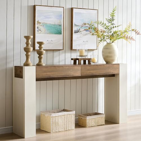 OKD Modern Entryway Console Table, Sofa Table with Drawers, 63" Long Hall Table Behind Couch, Thick Wood Design for Living Room, Hallway - Antique White OKD