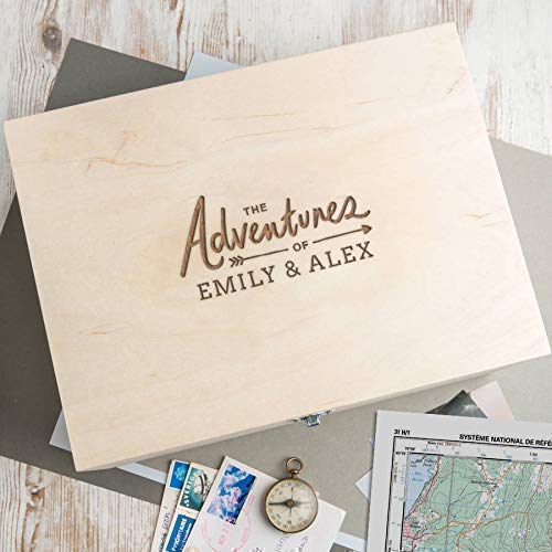 Personalized Wooden Keepsake Box - "The Adventures of.." - Unique Anniversary Gift for Boyfriend Girlfriend - Travel Adventure Present for Couples - WoodArtSupply