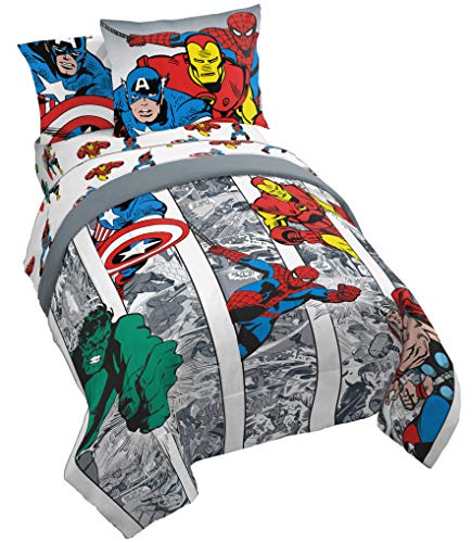 Jay Franco Marvel Avengers Comic Cool 5 Piece Twin Bed Set - Includes Comforter & Sheet Set - Bedding Features Captain America, Spiderman, Iron Man, Hulk, & Thor - Super Soft Jay Franco