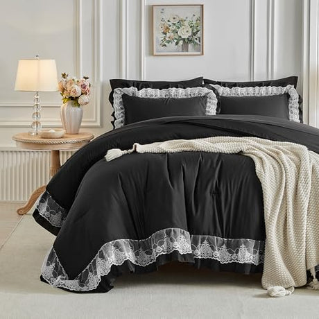 Joyreap Lace Ruffle Bed in a Bag Black, King Size Microfiber 7pcs Ruffled Comforter Sheet Set for Girls, Princess Style Vintage Boho Chic Bedding Comforter Set for All Season Joyreap