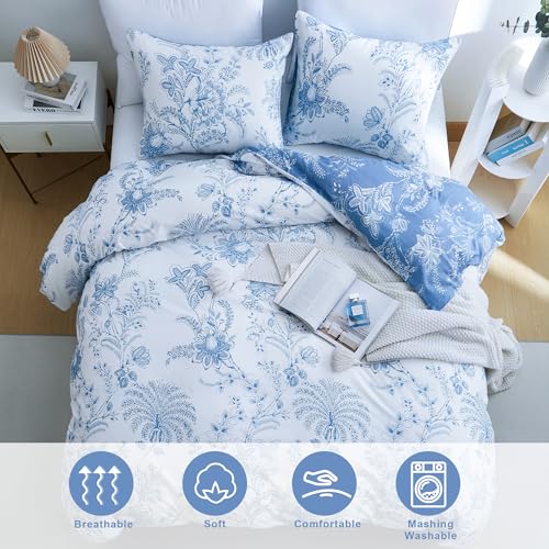 BOLINLIVING Duvet Cover Twin Size, Flower Kids Duvet Cover with Pillow Shams, Soft Floral Bedding Set White and Blue for All Season, Breathable, Zipper Closure… BOLINLIVING