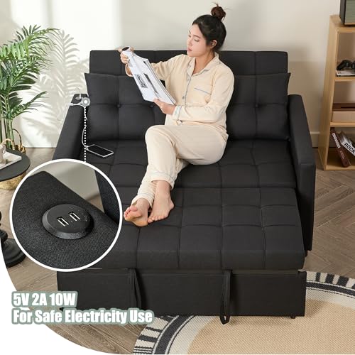 GOSUHI 52" Sleeper Sofa with Pull-Out Bed, 3-in-1 Convertible Sofa Bed, Set of Loveseat with Stepless Adjustable Backrest and Side Pocket, for Living Room Dorm Apartment, Linen, Black GOSUHI