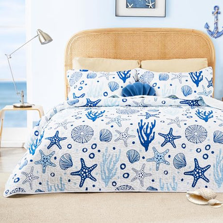 Love's cabin Twin Quilt Bedding Set Coastal White Bedspreads - Soft Bed Summer Beach Nautical Quilt Lightweight Bedspread- Reversible Bedding Coverlet for All Season - 2 Piece Love's cabin