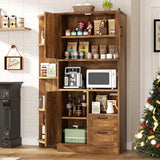 SUNLEI 60.4" Tall Kitchen Pantry Storage Cabinet with Microwave Shelf, Freestanding Farmhouse Kitchen Pantry, Wooden Pantry Cupboard Storage with Drawers and Open Shelves for Dining Room, Brown SUNLEI