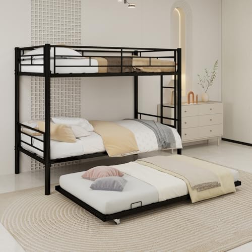 IHUESHO Triple Bunk Bed with Trundle, 400lb Heavy Duty Metal Twin Over Twin Bunkbed, 13.19" Extra High Guardrail, 3-in-1 Convertible to 3 Separate Beds, Kids Teens Adults, No Box Spring (Black) IHUESHO