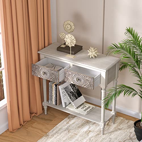 SUNBURY 31.5" W Vintage Console Table with 2 Drawers, Small Entryway Table with 2-Tier Storage Shelves,Beige Side Table for Living Room, Entryway SUNBURY