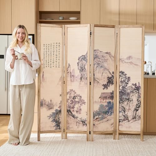 Svimi Asian Style Room Divider - 4 Panel Plum Blossom/Mountain/Calligraphy Design with Wood Frame, Freestanding Partition Screen (67″H x 64″W) (Nature, Calligraphy) Svimi