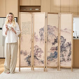 Svimi Asian Style Room Divider - 4 Panel Plum Blossom/Mountain/Calligraphy Design with Wood Frame, Freestanding Partition Screen (67″H x 64″W) (Nature, Calligraphy) Svimi