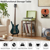 LELELINKY 2-Tier Record Player Stand with Vinyl Record Storage up to 100 Albums, Bedroom Record Holder and Multi-Functional End Table for Living Room, Brown LELELINKY