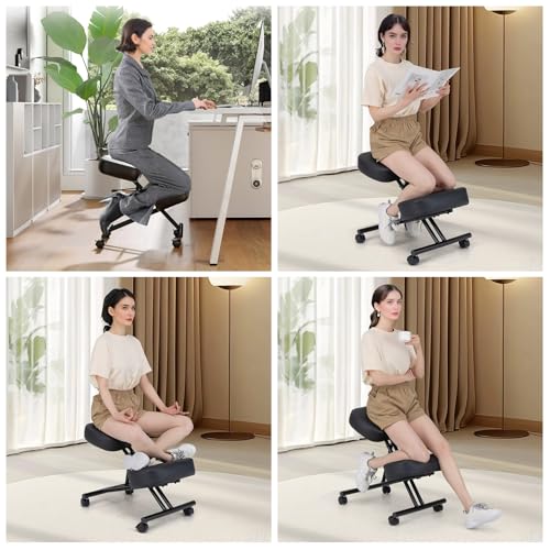Goplus Kneeling Chair, Upholstered Mobile Desk Chair w/Adjustable Height, Thickened Sponge Cushion, 4 Lockable Universal Wheels, Office Home Padded Stool with Angled Seat, Black (1) Goplus