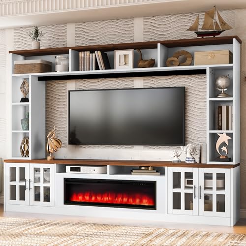 Hlcodca 95.5" W Wall Unit Entertainment Center with Bookshelves for TVs up to 80", Modern TV Stand Media Console with Electric Fireplace Cabinets, Adjustable Shelves for Living Room (White+Walnut/F) Hlcodca