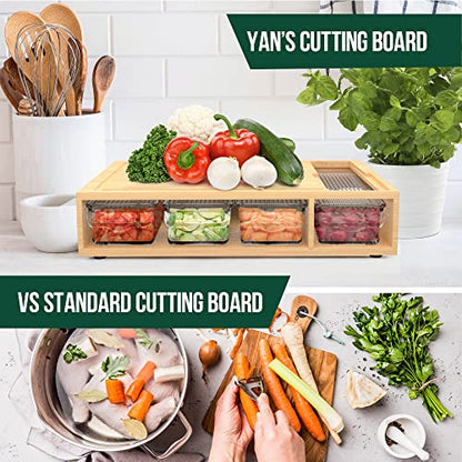 YANs Bamboo Cutting Board with Containers for Easy Meal Prep - Chopping Board Set -Extra Large Space Saving Cutting Board Set with Juice Groove to Keep Your Kitchen Tidy - WoodArtSupply