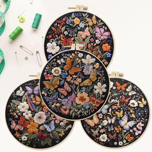 SCECALA 4 Pack Butterfly Floral Embroidery Kit - Flower Butterfly Hand Embroidery Kit for Beginners with Pattern, Complete Cross Stitch Supplies DIY Craft for Adults Sewing Hobby, 1pc Hoops